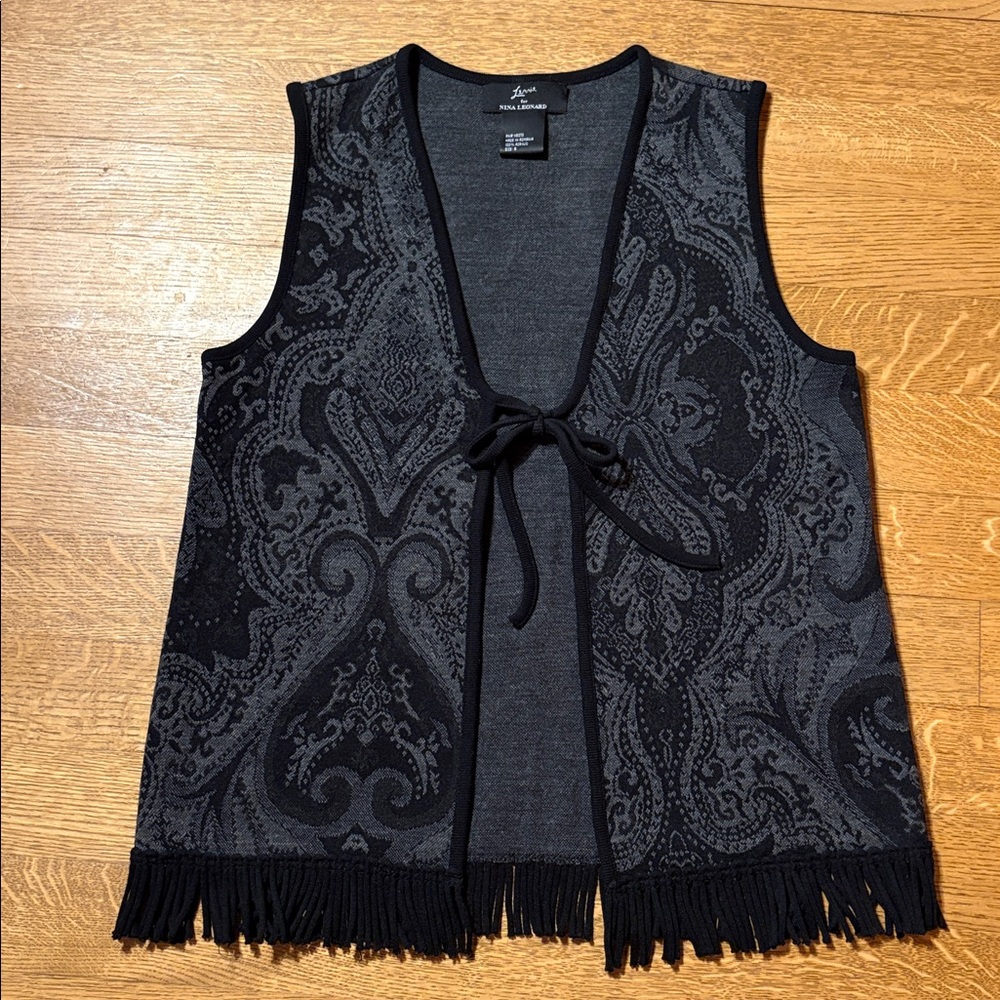 Vintage Lennie for Nina Leonard Gray & Black Paisley Fringe Sweater Vest Size S